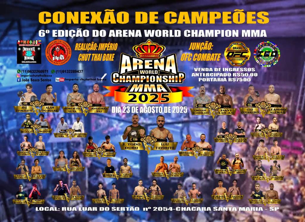 Arena World Championship 6 – Conexão De Campeões: Evento em parceria com evento paraense OFC acontece neste sábado em São Paulo/SP; confira&nbsp;detalhes